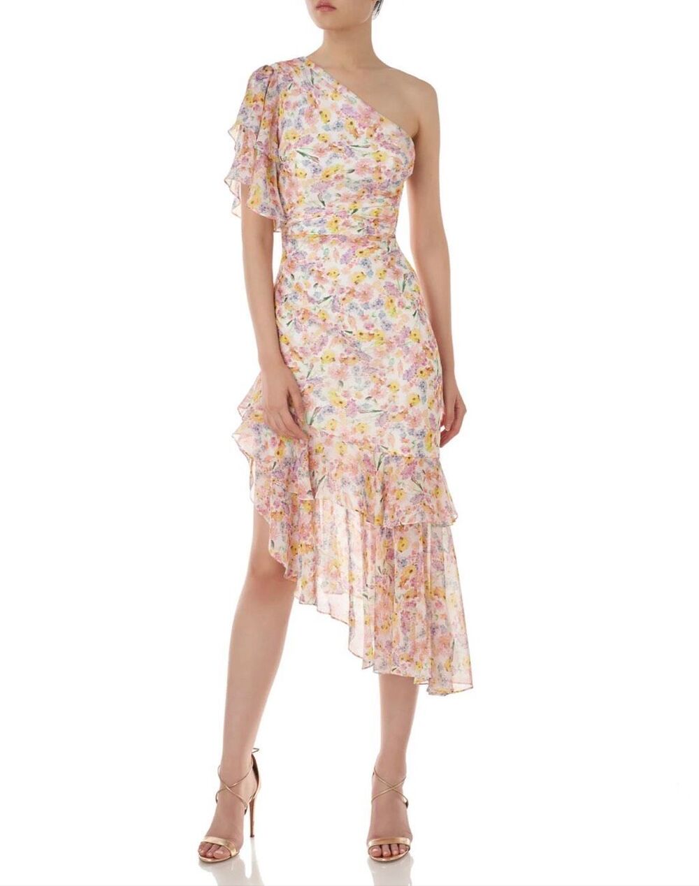 AMUR Clayton Wild Meadow Silk Floral One Shoulder Ruffle Dress Size 0